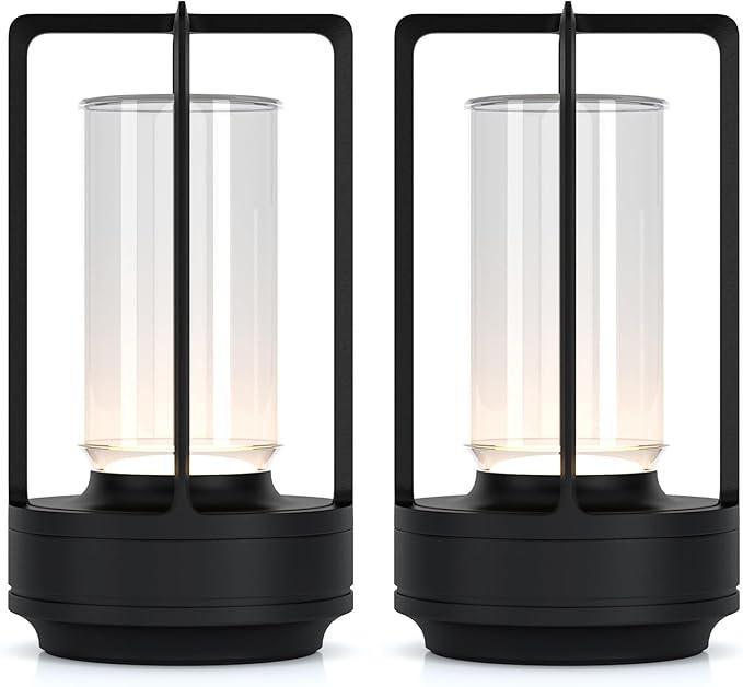 Portable Metal Table Lamp for Indoor/Outdoor ,Rechargeable Cordless LED Lamp, 3-Colour Infinitely Dimming Battery Powered Small Desk Lamp, Restaurant/Bedroom/Bar/Coffee/Camping Light (Black Set of 2)