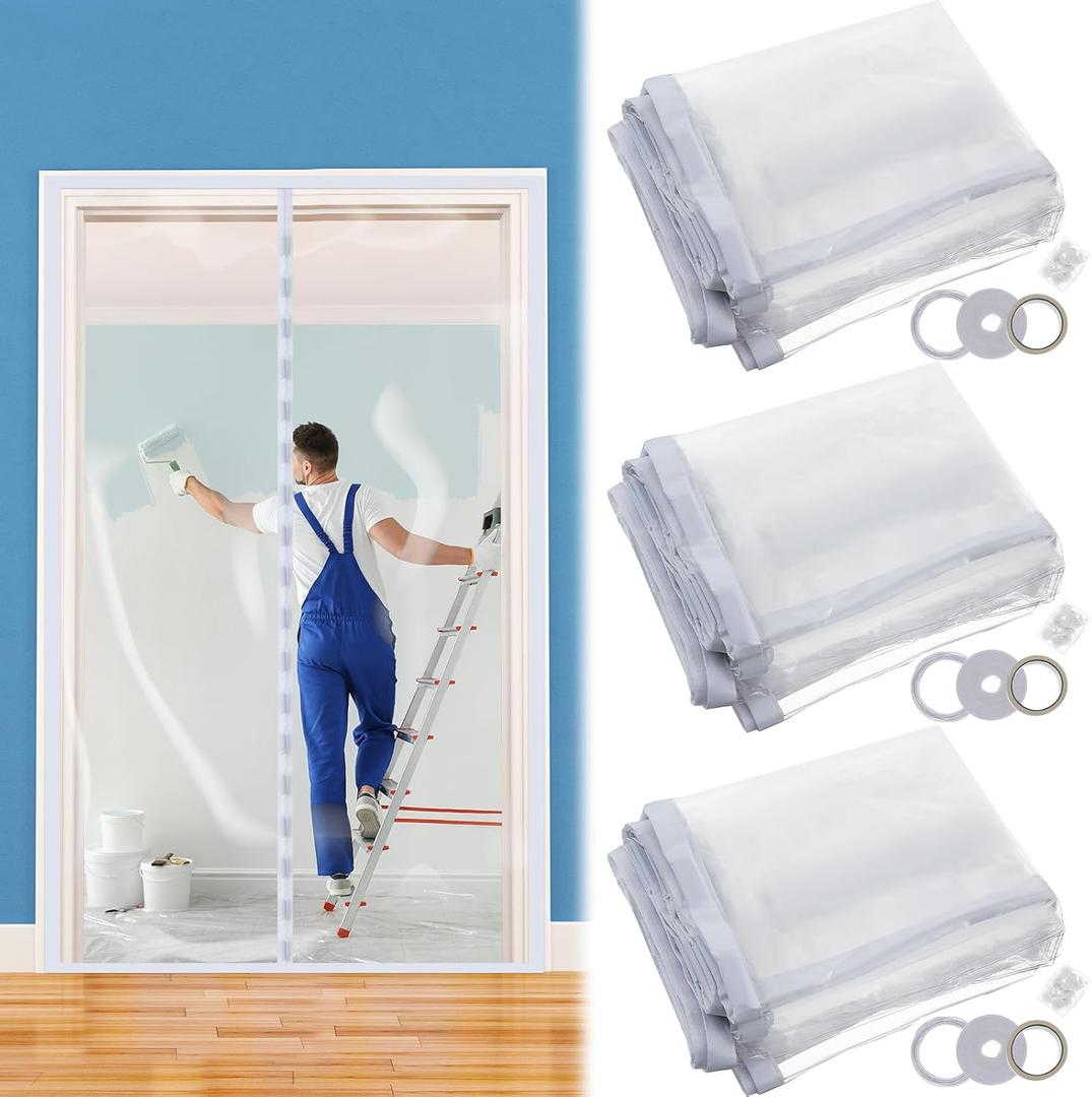 Preboun 3 Sets Magnetic Dust Barrier Zipper Door Kit 4' x 7.5' Construction Plastic Dust Barriers Plastic Door Curtain for Construction Self Closing Curtain for Doorways Room (White)