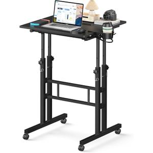 Small Standing Desk with Wheels, Mobile Stand Up Desk, Portable Standing Table on Wheels for Walking Pad, Rolling Computer Desk Adjustable Height, Tall Table (Black)