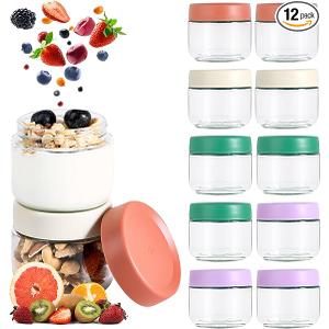 Hoa Kinh 9oz 12Pack Overnight Oats Jars with Lids, Leak Proof Small Jars for Overnight Oats, Cereal, Clear Empty Glass Jar with Lids for Kitchen(Red, Green, Purple and White)