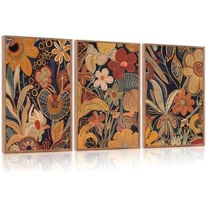 Aurlan Burnt Orange Wildflowers Botanical Wall Art Set(16"x24"), 3 Pieces Abstract Floral Blossom Framed Canvas Artwork, Large Mid Century Modern Boho Nature Wall Decor for Office Bedroom Living Room