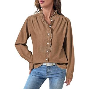 Sidefeel Womens Denim Shirt Button Down Long Sleeve Ruffled Edge Jean Blouses Tops (Large, Brown)