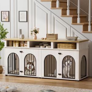 Garvee Double Dog Crate Furniture 71" Dog Kennel Furniture for 2 Medium Dogs, Heavy Duty Dogs Cage XL Dogs House Indoor with 3 Storage Shelves, Large Puppy Crates with 8 Adjustable Feet