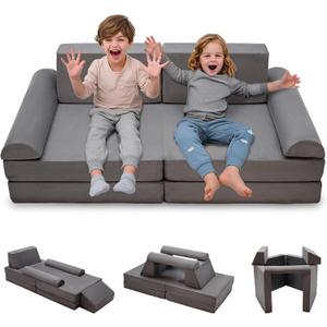 8pcs Modular Kids Couch, Toddler Play Sofa for Playroom Bedroom, Convertible Foam and Floor Cushion for Boys & Girls, Gray