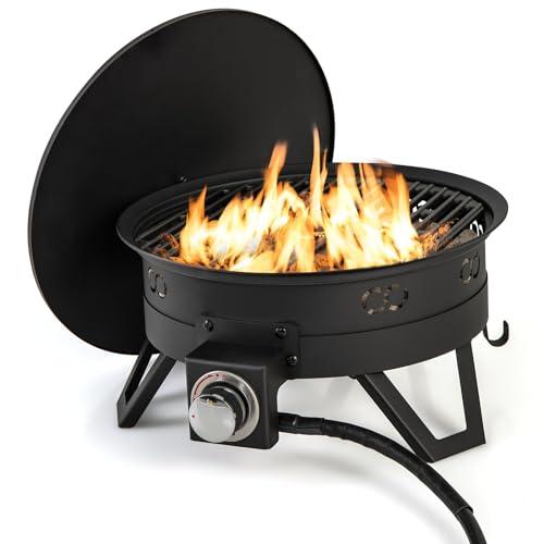Giantex Portable Propane Fire Pit, 17" Small Outdoor Fire Bowl w/Foldable Legs, Round Fireplace with Lid, Removable Grill, Carry Bag, Lava Rocks, 58000 BTU Smokeless Gas Firepit for Outdoor Camping