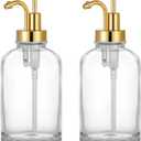 2 Pack Thick Clear Glass Jar Soap Dispenser with Gold Pump, 17ounce Clear Boston Round Bottles Dispenser with Rustproof Pump, Coffee Syrup Dispenser Bar Accessories, Dish Soap Dispenser for Kitchen
