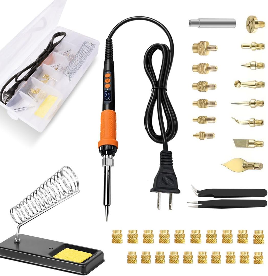 90W Digital Soldering Iron Heat Set Insert Tool with Extra Soldering Tips, Heat Set Insert Tips, and Threaded Inserts Heat Insert Brass Nuts