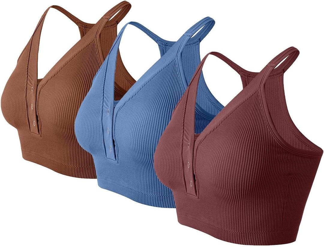Racerback Padded Sports Bra for Women- Seamless Comfort Push Up Front Closure Tops for Yoga Workout Athletic Fitness (Small, Coffee-brown-blue)