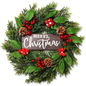 22" Winter Wreath with Merry Christmas Sign, Mushroom, Magnolia Leaves, Indoor/Outdoor Christmas Decoration, Wooden Sign