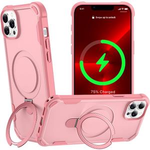 Designed for iPhone 13 Pro Case with Magnetic Stand [Military Drop Protection][Compatible with Magnet] Shockproof 13 Pro Phone Case with Ring Holder, Pink