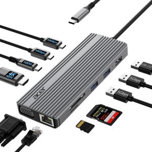 Acer 11 in 1 USB C HUB Multiport Adapter with 4K@60Hz HDMI, 2x10Gbps USB C, 2x5Gbps USB A, 100W PD Port, 1000Mbps Ethernet, 1080P VGA, SD/TF, Laptop Docking Station Dual Monitor for PC, Desktop