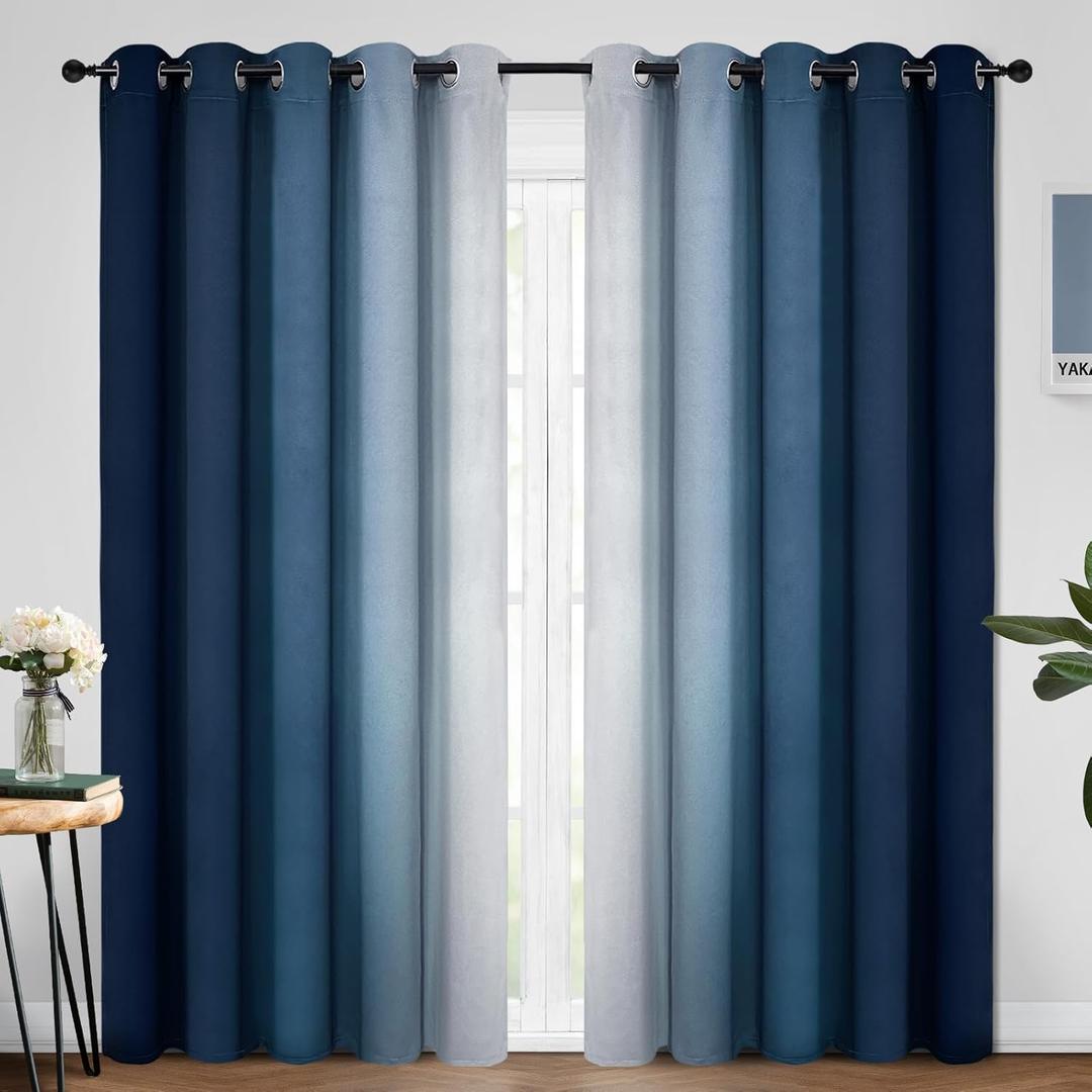 Yakamok Blue and Greyish White Ombre Curtains, Room Darkening Gradient Color Curtains for Bedroom, Light Blocking Thermal Insulated Window Drapes for Living Room(2 Panels, 70x84 Inch)