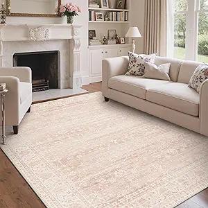 BESBLEE 8x10 Area Rugs for Living Room, Machine Washable Non Slip Vintage Large Rugs, Low Pile Lightweigt Chenille Print Indoor Rug for Bedroom, Dining Room, Home Office, Pink