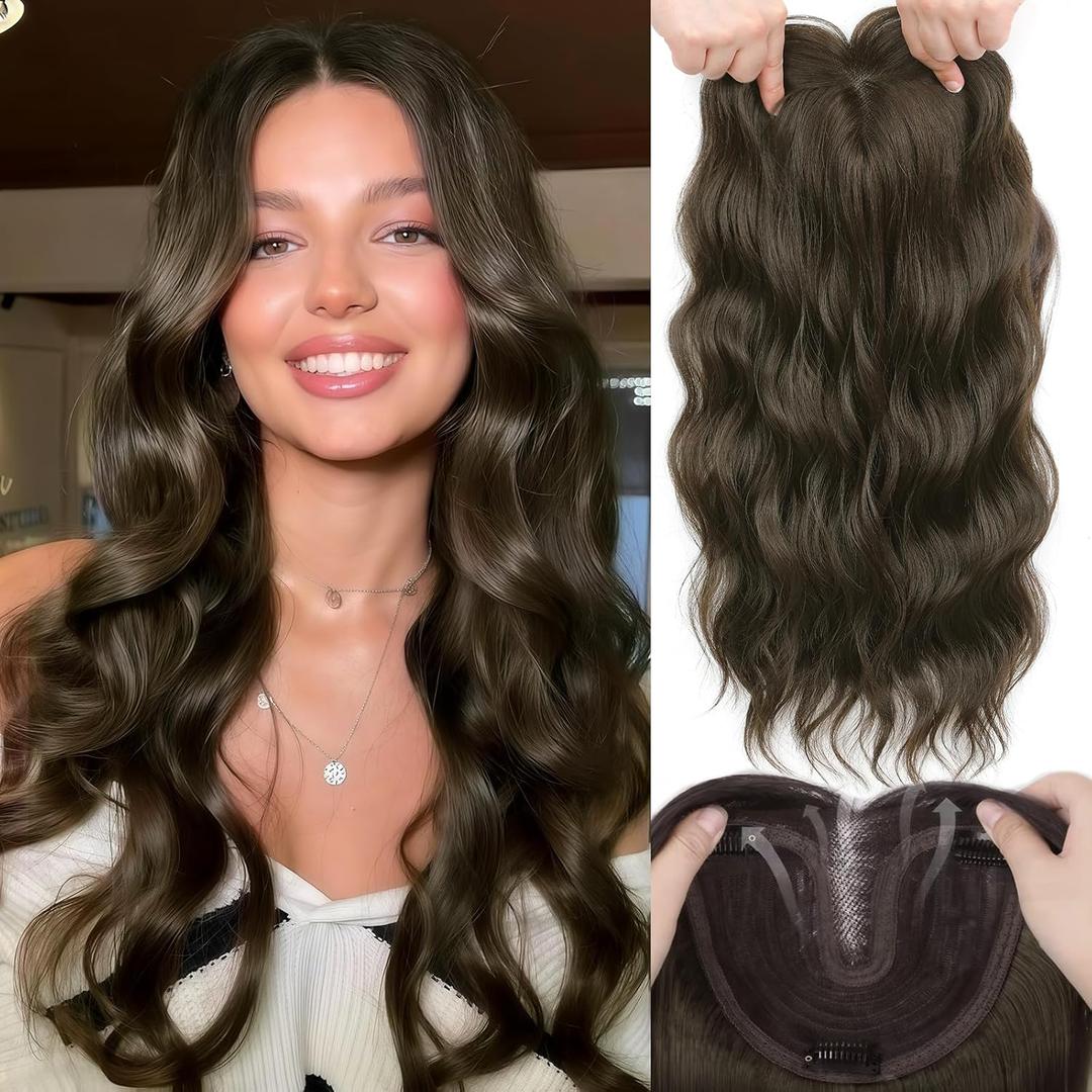 Hair Toppers for Women, 20 Inch Hand Tied Breathable Toppers Hair pieces for Women with Thinning Crown Curtain Bangs Mix Human Hair Clip in Curly Lightweight Wiglets(Dark Chestnu Brown)