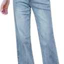 GRAPENT Straight Leg Jeans for Women High Waisted Stretchy Frayed Raw Hem Loose Denim Pants Casual Baggy Jean Trousers (Medium, Ice Blue)