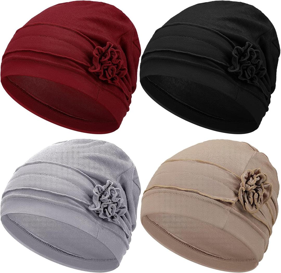 Geyoga 4 Pcs Chemo Turban Headwear for Women Soft Slouchy Cancer Headwear Elastic Sleep Cap with Flower Design, One Size