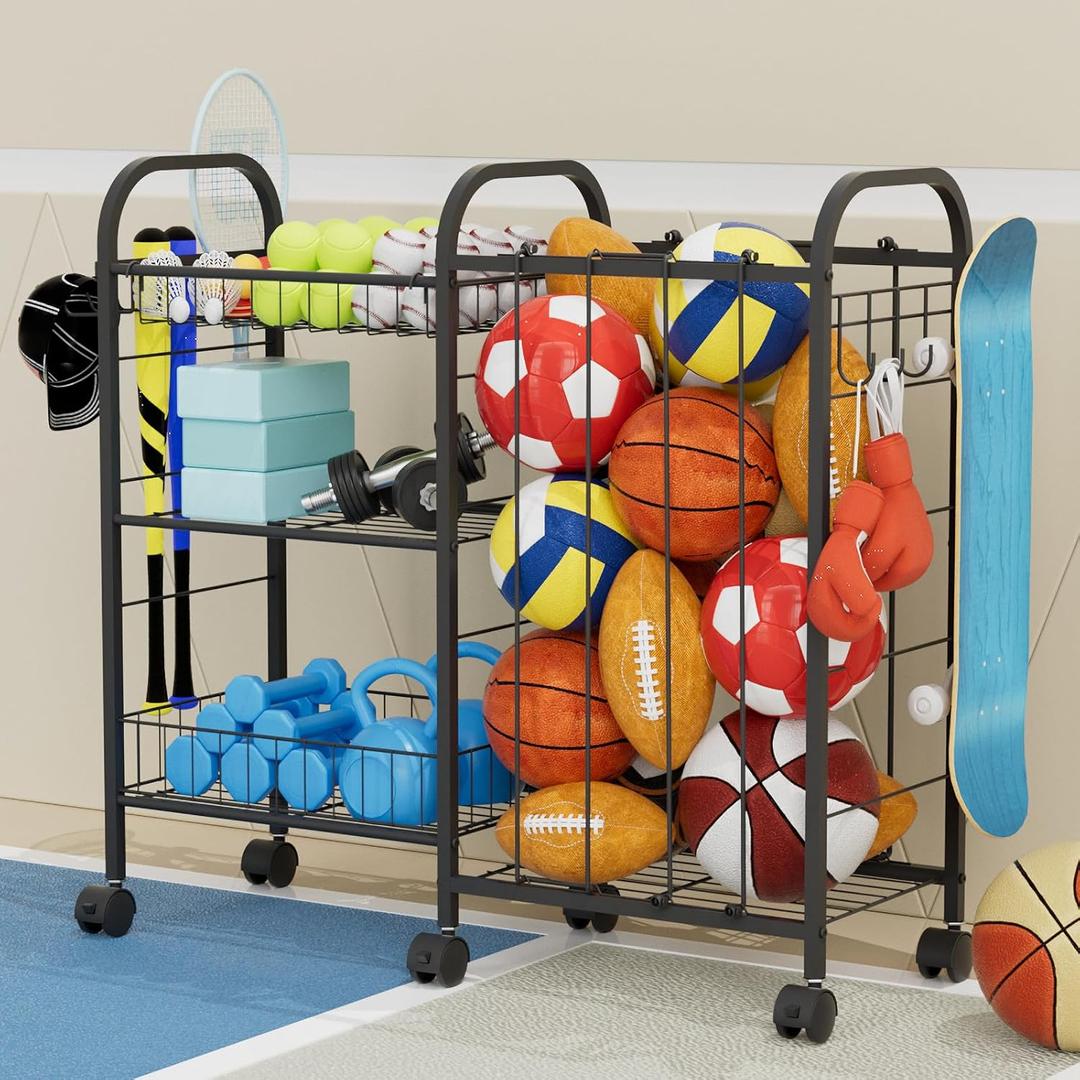Sports Equipment Storage Rack,Rolling Garage Ball Organizer with 6 Wheels, Detachable Baskets,Hooks and Elastic Straps for Sports Gear and Toy Storage,Indoor Outdoor Use