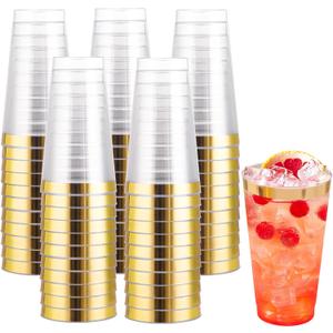 I00000 16 oz Gold Plastic Cups, 100 Pack Clear Plastic Cups Tumblers Gold Rimmed Cup, Heavy-duty Disposable Cup Perfect for Wedding & Party