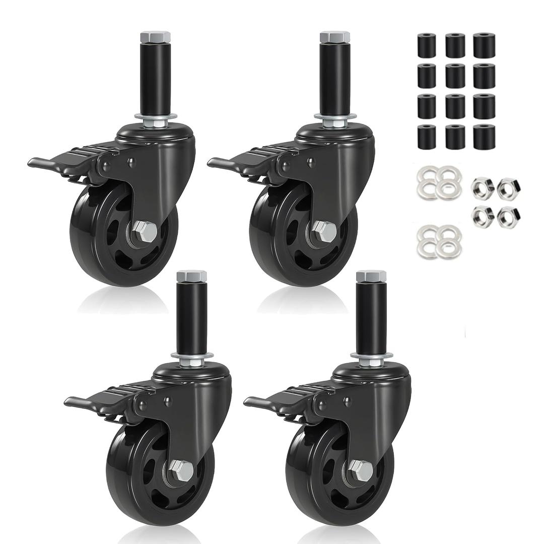 Swivel Stem Caster Set of 4 with Brake, 3 Inch Heavy Duty Caster Wheels, Expanding Threaded Stem Industrial Castors Fit for 7/8" to 1-5/8"Tube Leg, Quiet Rolling Casters for Stainless Steel Table