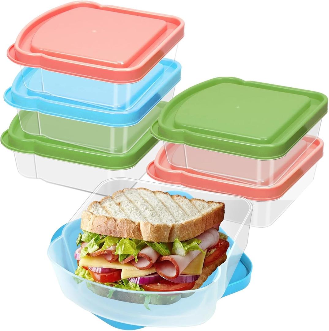6 Pack Sandwich Containers, Colored Sandwich Boxes for Lunch, Reusable and Easy to Open Fun Sandwich Container (in 3 Colors)