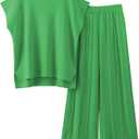 Women Knit 2 Piece Sweater Sets Pullover Tops High Waist Wide Leg Pants Lounge Set (Green, XS)