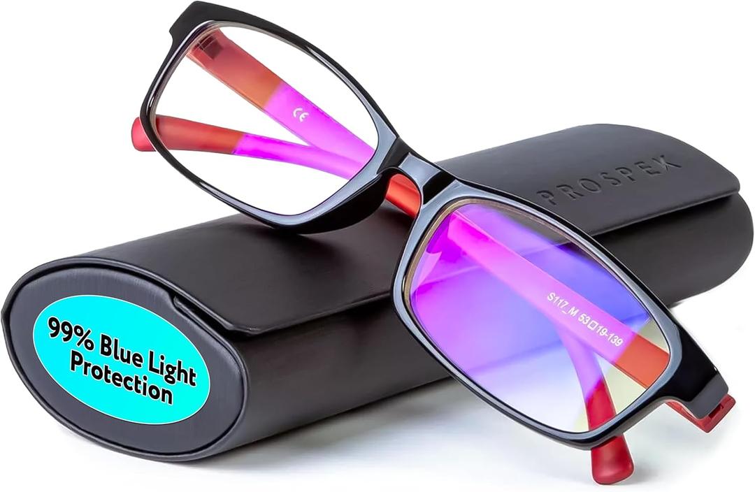 Prospek Blue Light Glasses Reading for Men and Women, For Computer Use, Blue Light Protection, Clear Lens 0 to +3.0 Diopters (Red and Black)