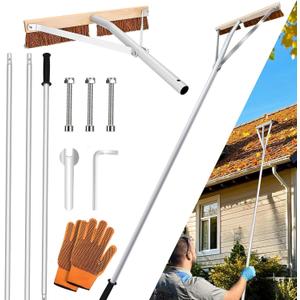Leaf Roof Brush with Gloves, Roof Rake Remove Leaves, Adjustable 5-21ft Roof Cleaning Brush Tool for Shingles, Corrugated, Solar Panel, Lightweight Long Handle Extension Aluminum Poles Broom (21FT)