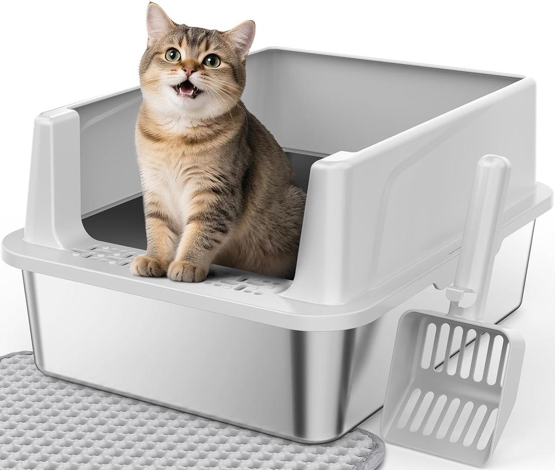 FURTIME Stainless Steel Cat Litter Box with Lid  High-Sided Metal Litter Pan for Small Cats, Kitty Litter Box Non-Stick, Odor-Resistant, Anti-Urine Leakage, Easy to Clean, Includes Scoop and Mat (Medium, Silver)