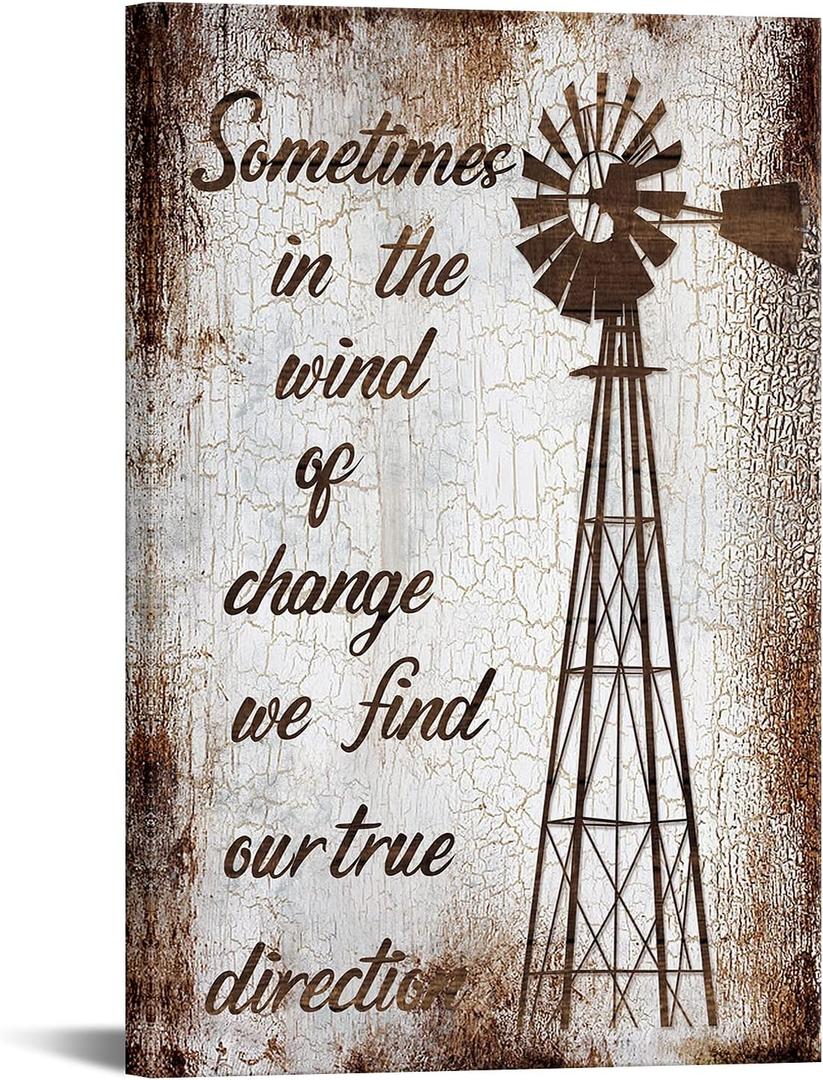 Farmhouse Canvas Wall Art for Living Room Vintage Windmill with Inspirational Quote Pictures Painting on Canvas Rustic Brown Home Wall Decor Framed Artwork Ready to Hang 24x36