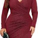 ZOMVA Plus Size 0X-4X Sparkly Glitter Ruched Bodycon Mini Dress Sparkle Sequin Wrap Ruffle Sleeve Dress Cocktail Party Formal (Red, XXXL)