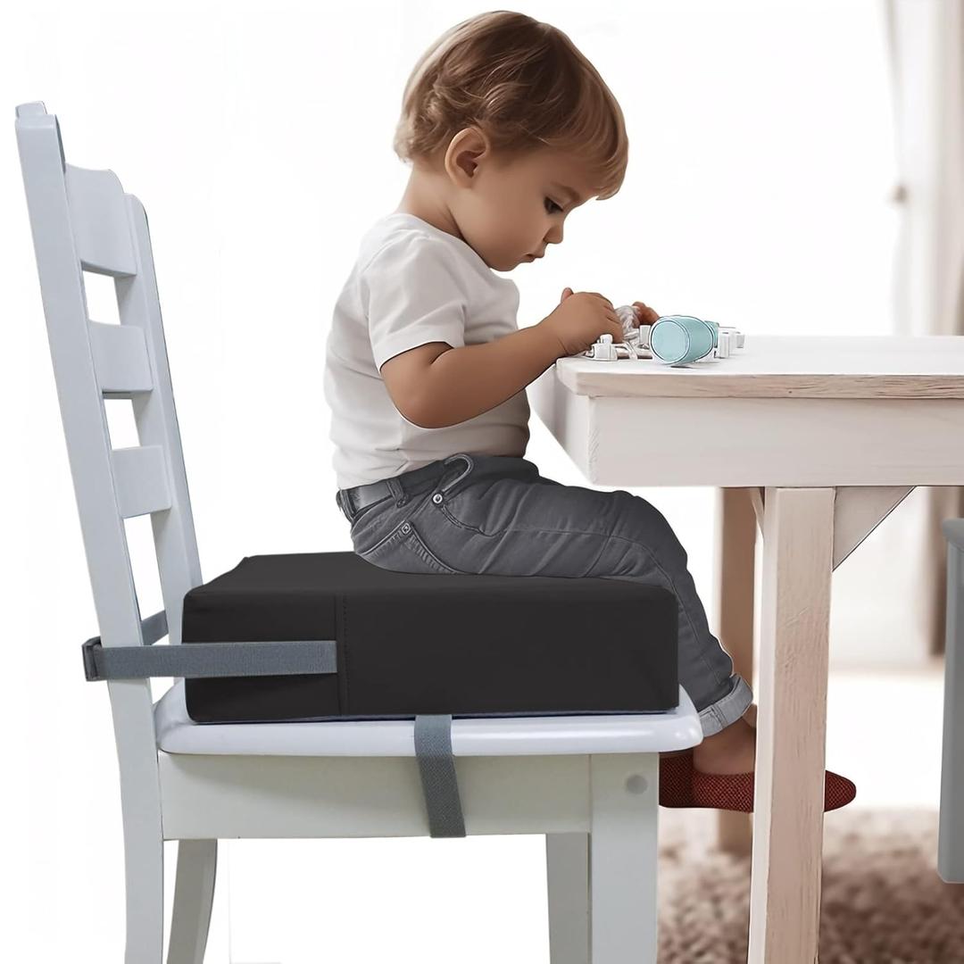 Booster Seat for Dining Table, PU Anti-Scratch Easy Cleaning Kids Toddler Booster Seat for Table, Portable Increasing Booster Cushion with Non-Slip Bottom and Adjustable Elasticity Straps (Dark Gray)