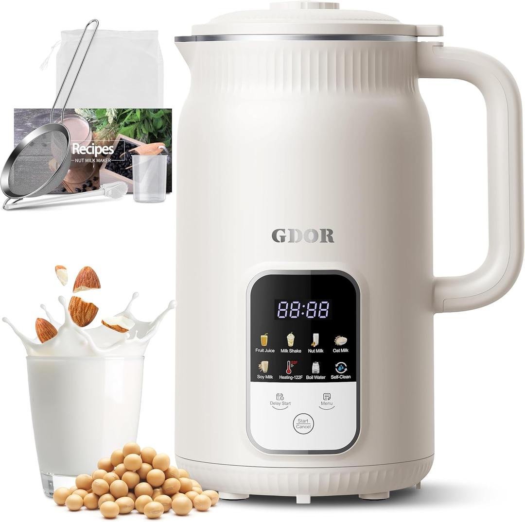 GDOR 35oz Nut Milk Maker, 9-in-1 Plant Milk Machine for Homemade Almond/Oat/Soy, Juice & Smoothie, Blender with 12 Stainless Steel Blades, Keep Warm, 12H Delay, Boil Water and Self-Cleaning