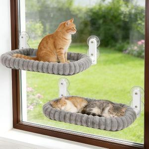 Zoratoo 2PC Cat Window Perch with Bolster Foldable Cat Hammock Cushion Bed for Window with Metal Frame, Cloud-Cuddle Cordless Window Resting Seat for Indoor Cats (Cushion Bed, Gray-L)
