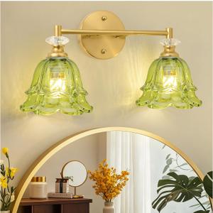 Vintage Bathroom Light Fixtures Over Mirror,Green Vanity Light for Bathroom,2 Light Brass Vanity Light with Flower Glass LampShade for Bedroom Living Room Hallway (Green, 2-Light)