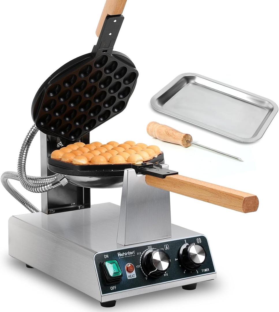 Hehinton 110V Pro Commercial Bubble Waffle Maker 1400W | Stabilized Anti-Shake Base | 180 Rotating Egg Puff Iron | Brushed Stainless Steel Body & Non-Stick Coating | Ergonomic Operation Panel