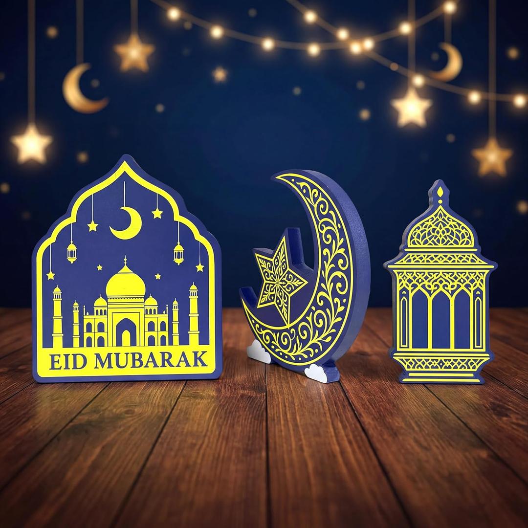 Ramadan Decorations for Home - 3-Pack Wooden Eid Mubarak Table Decor, Islamic Tabletop Centerpiece for Eid Party, Dining Table & Gift