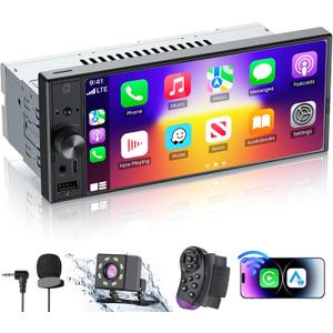 6.9" Single DIN Car Radio with Apple CarPlay & Android Auto, IPS Touch Screen Car Stereo with 1080P Backup Camera, Bluetooth Hands-Free, Mirror Link, GPS Navigation, AM/FM, EQ, USB,Type-C,SWC
