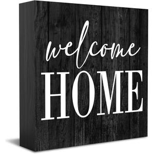 HTBIG Welcome Home Sign Home Decor Desk Decor Wooden Box Sign Rustic Black Wood Block Plaque Box Sign for Women Family Friends Farmhouse Living Room Kitchen Bedroom Shelf Table Decoration