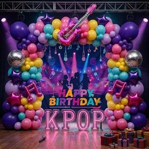 Purple hot pink Balloon Arch Garland Kit with backdrop Musical symbols Disco Star mylar balloons for kpop music Birthday Decorations Y2K Concert Movies Tv fans Prom Party Supplies