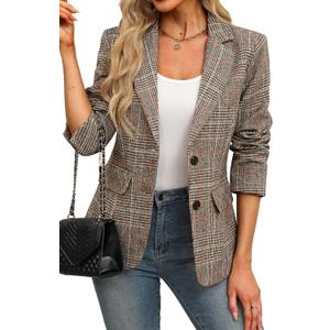 ELLEVEN Womens Casual Plaid Blazer Lapel Collar Double Button Long Sleeve Boyfriend Blazer Suit Houndstooth Plaid Blazer Jacket Business Work Office Blazer Suits Brown Plaid, Small