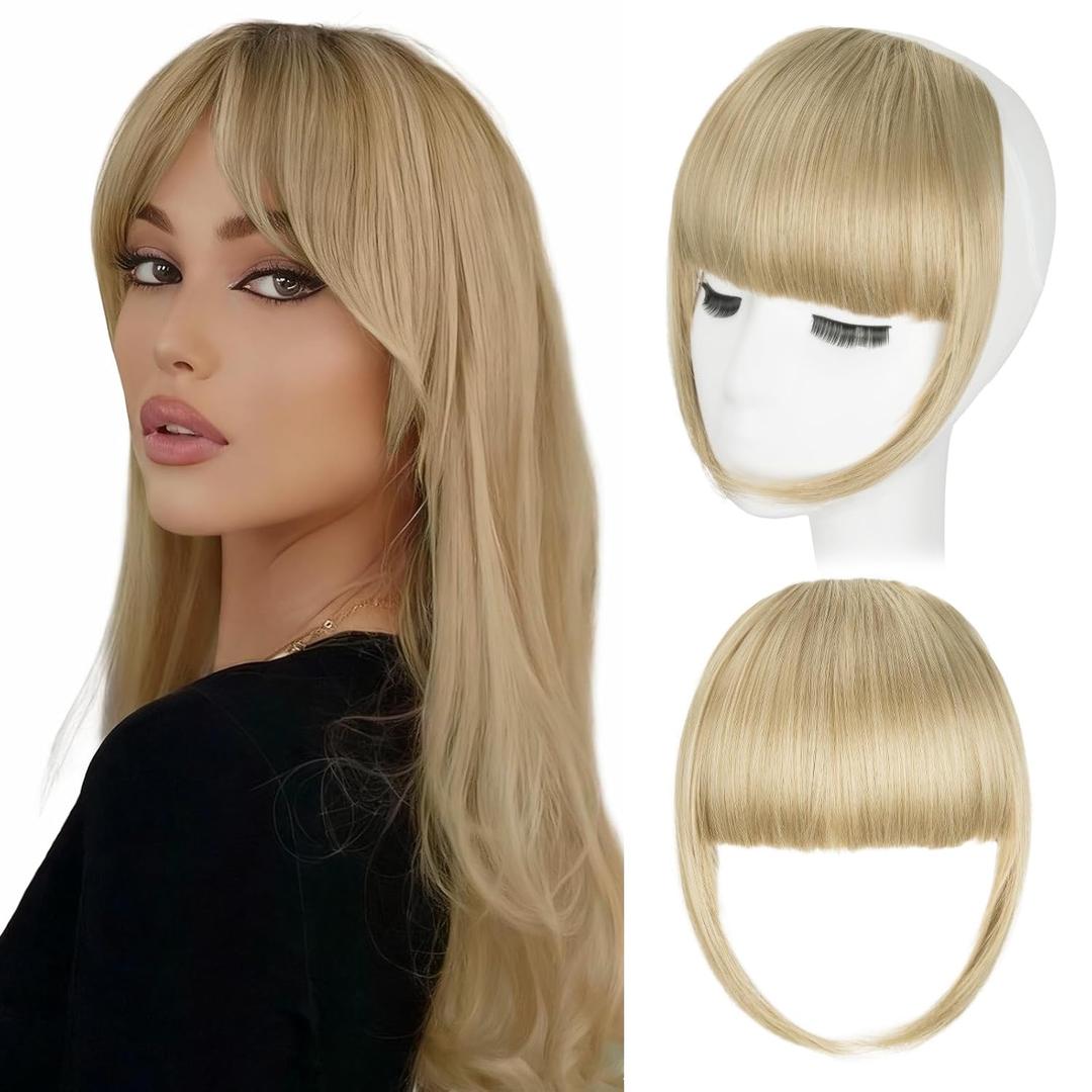 Clip in Bangs, Synthetic Wispy Bangs Hair Clip, Dark Black Fake Bangs Fringe with Temples Hairpieces for Women Natural Curved Hair Extensions for Daily Wear, Blonde