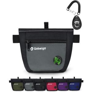 Gobeigo Dog Treat Pouch and Training Clicker, Upgrade Two Magnetic Closure to Prevent Spills, 2 Cup Treat Bag with Poop Bag Dispenser, Metal Clip Waist Belt Fanny Pack for Pet Walking (Black/Gray)