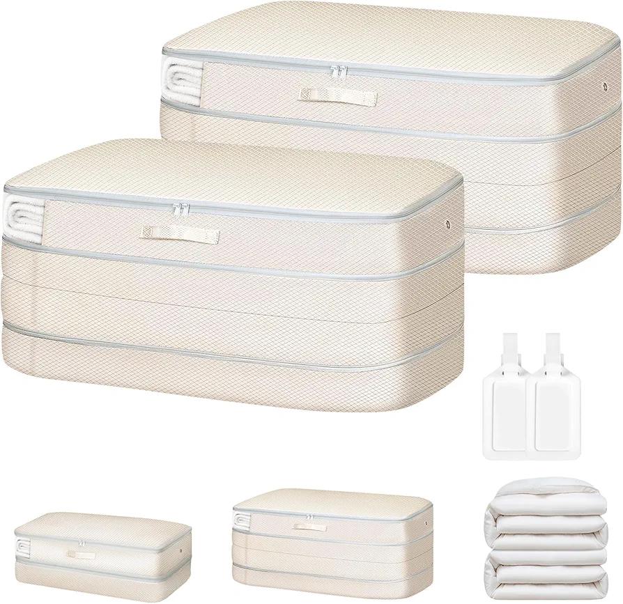 Comforter Storage Bag - Large Capacity Bedding Storage Bags Ultra Space Saving Self Compression Organizer, Washable Compression Bags for Storage Comforter Blanket Duvet Pillow, 2-Pack, Beige