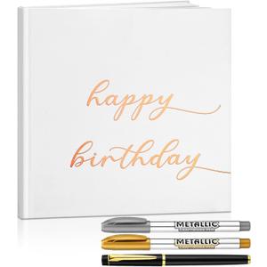 Engrowtic Birthday Scrapbook for 16th 18th 50th 60th, Happy Birthday Guestbook 7.87 x 7.87 Inches Photo Booth Album Signature Book with Gold Silver and Black Gel Pens, 72 Sheets (White)