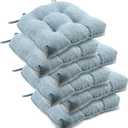 downluxe Indoor Chair Cushions for Dining Chairs, Tufted Overstuffed Textured Foam Kitchen Chair Pads with Ties and Non-Slip Backing, 15.5" x 15.5" x 4", Light Blue, 6 Pack