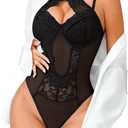 Women Teddy Lingerie Sexy Snap Crotch Lace Bodysuit Halter One Piece Lingerie Top with Underwire Push Up Bra (Large)
