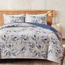 Joyreap 3 Pieces Microfiber Quilt Set, Botanical Blue Leaves on Light Gray Reversible Design, Bedspread Bed Cover for All Season, 1 Quilt and 2 Pillow Shams (Full/Queen, 90x90 inches)