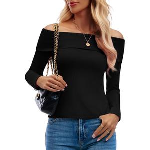 Women's Off Shoulder Long Sleeve Ribbed Tops Fitted Basic Shirts Soft Stretch Slim Going Out Tops (Small, Black)