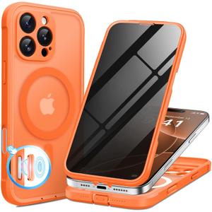 BERFY for iPhone 16 Pro Max Case, Compatible with MagSafe, Built-in Privacy Screen Protector and Camera Protection, Anti-Spy Full Body Shockproof Phone Case for 16 Pro Max 6.9", Matte Orange