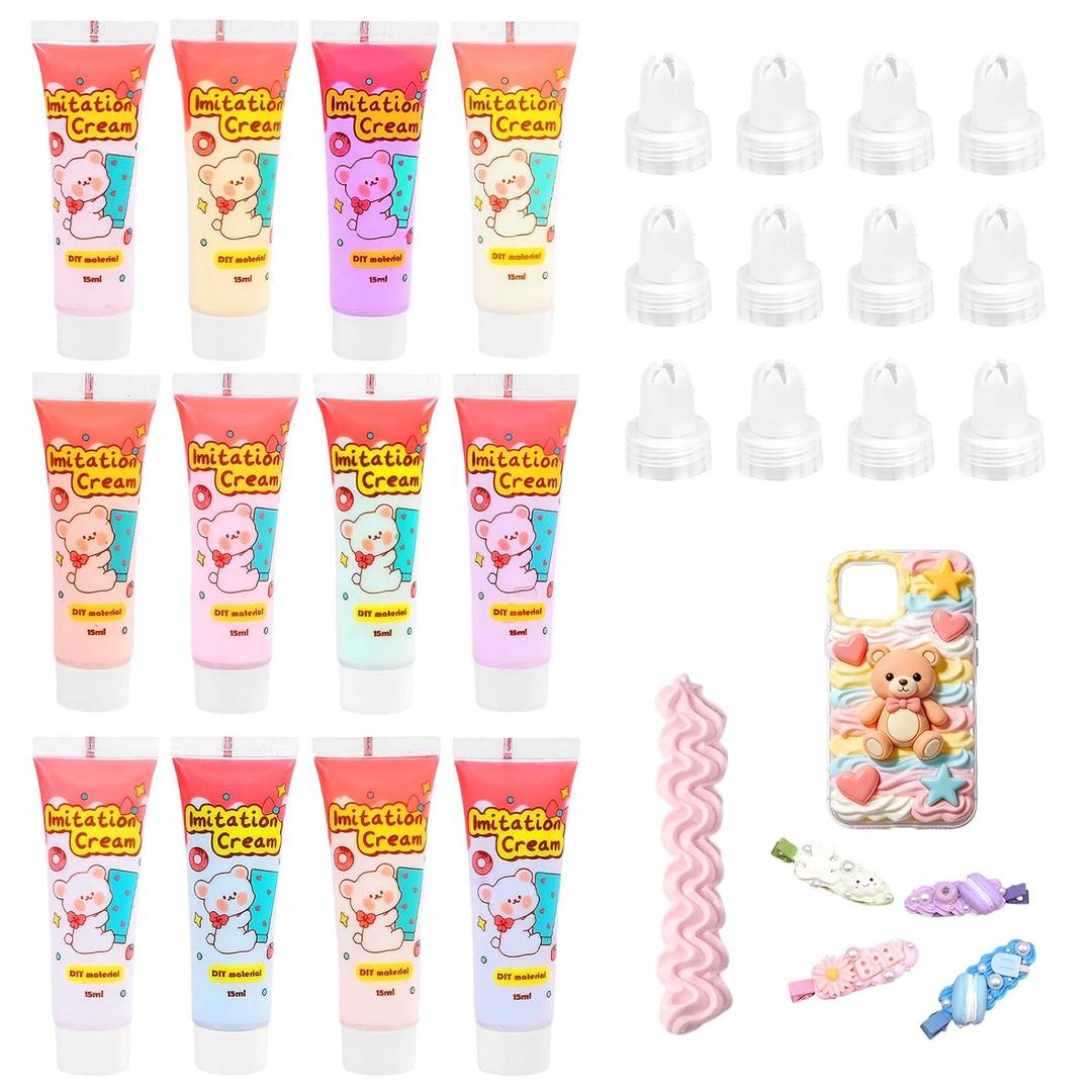 Cream Glue, 12 PCS 15ml Simulation Cream Glue Kit, DIY Phone Case Kit with 18 PCS Piping Tip for Case Craft Party Birthday Gifts Mirror Jewelry Accessories
